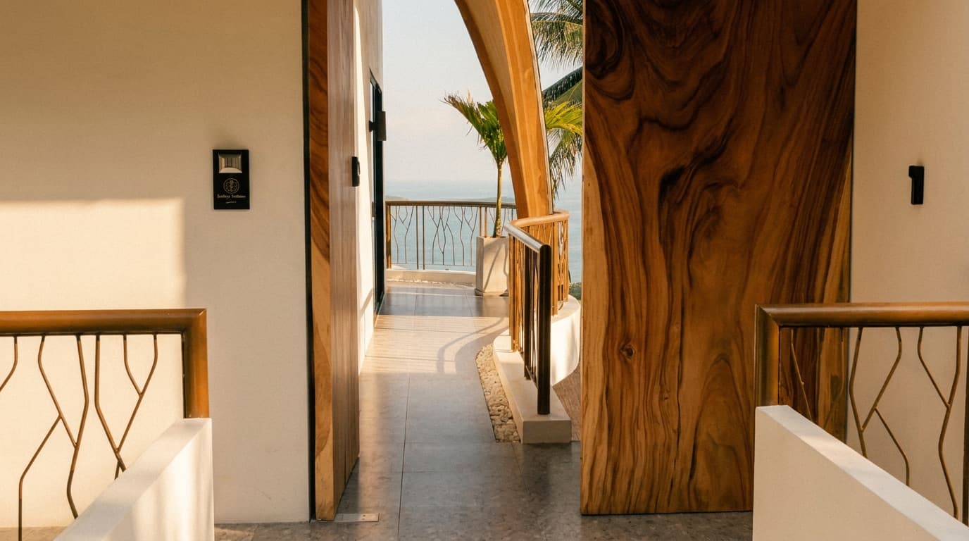 The villa's acacia-wood entrance doors framing the sea view and a palm beyond.