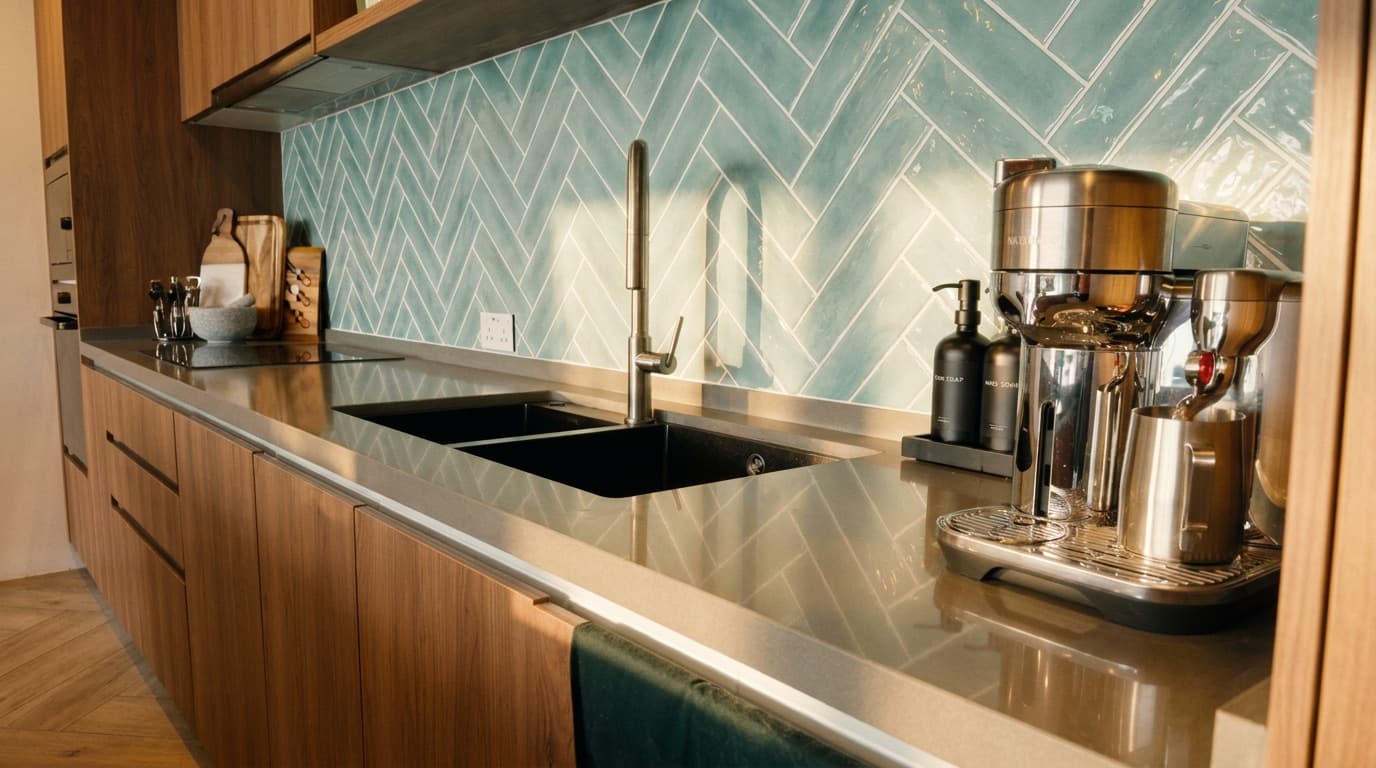 The villa kitchen with a tiled backsplash and coffee machine in view.