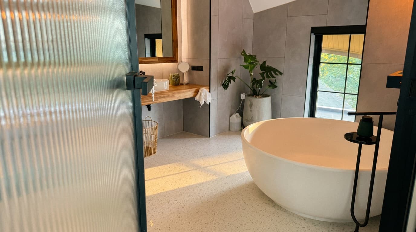 The master ensuite soaking tub set against the bay view, with wooden vanity tops.