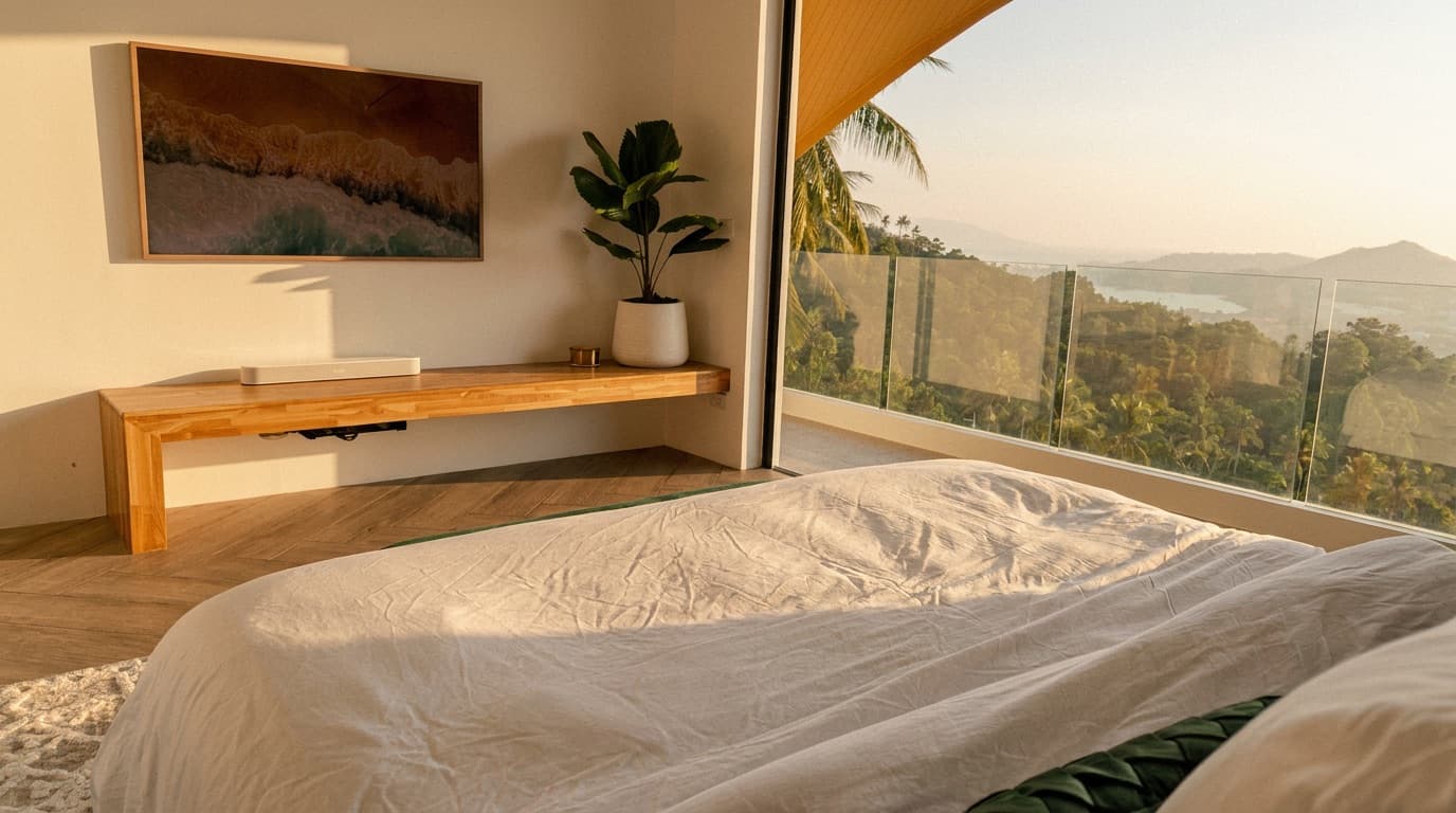 The master bedroom's king bed facing the bay through open retractable doors.