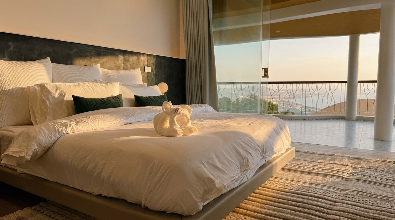 The second bedroom with a made king bed and soft daylight.