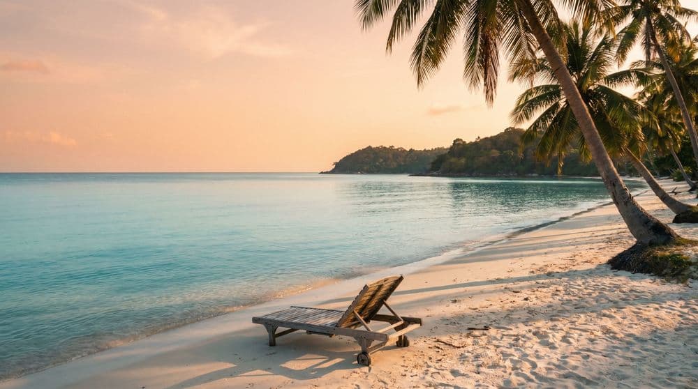 Secluded tropical bay at golden hour with calm turquoise water, pale sand, and coconut palms