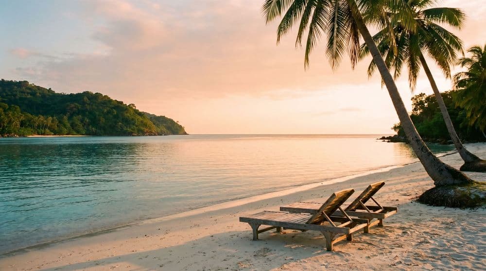 A quiet golden-hour bay in Koh Samui with two empty wooden sun loungers side by side on pale sand, palms leaning in and a calm sea