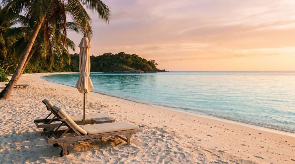 A calm shallow Koh Samui bay at golden hour with two empty wooden sun loungers and a folded umbrella on soft pale sand, gentle turquoise shallows, palms and a distant green headland