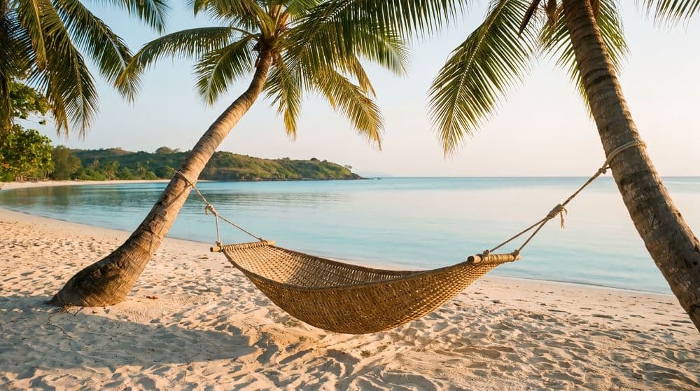 A woven hammock strung between two leaning palms on quiet pale sand, calm bay and green headland behind at golden hour
