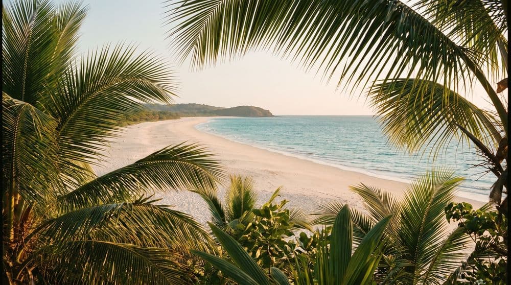 Long empty stretch of Maenam-style north-coast sand at golden hour, seen framed through palm fronds, calm sea and a distant green headland