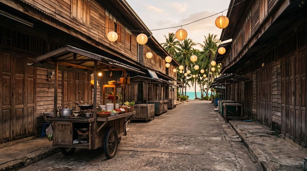 A wooden Thai street-food cart on a lane of old wooden shophouses at golden hour, paper lanterns strung overhead and a glimpse of calm turquoise sea at the end of the lane