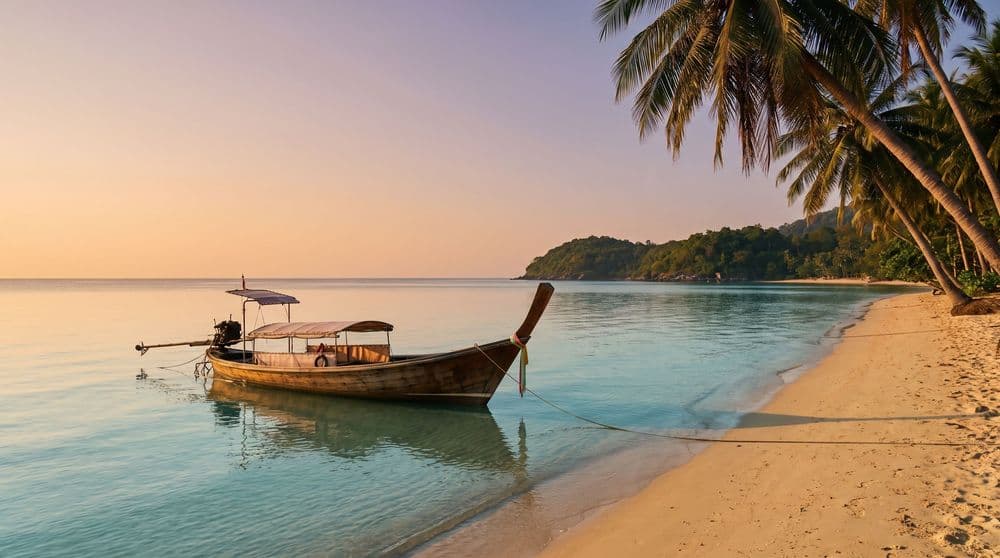 A wooden longtail boat moored in calm golden-hour shallows off a quiet stretch of Koh Samui beach, coconut palms leaning in from the shore