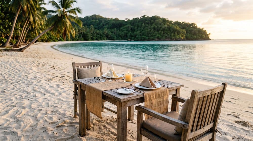 A beachfront dining table for two set on soft sand at the edge of a calm bay, golden hour, Koh Samui