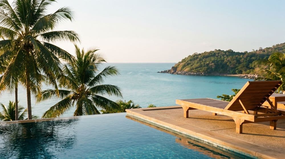 Golden-hour infinity pool edge on a private villa terrace overlooking a calm turquoise bay and green headland, Koh Samui
