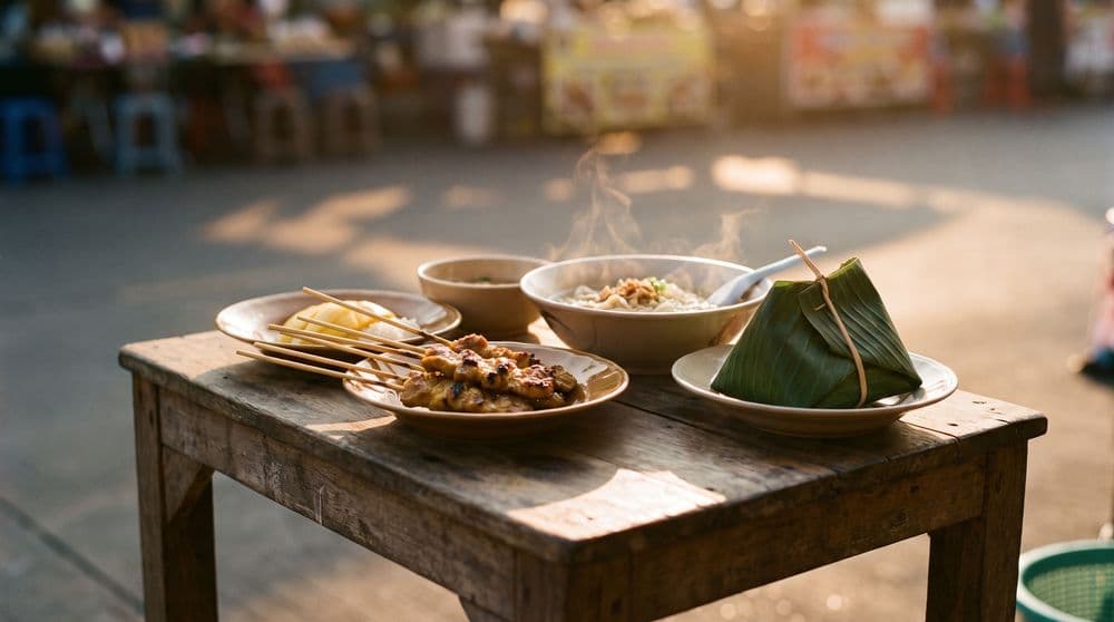 Golden-hour close-up of Thai street food on a rustic wooden table: grilled skewers, mango sticky rice, a steaming bowl of soup, and sticky rice wrapped in banana leaf