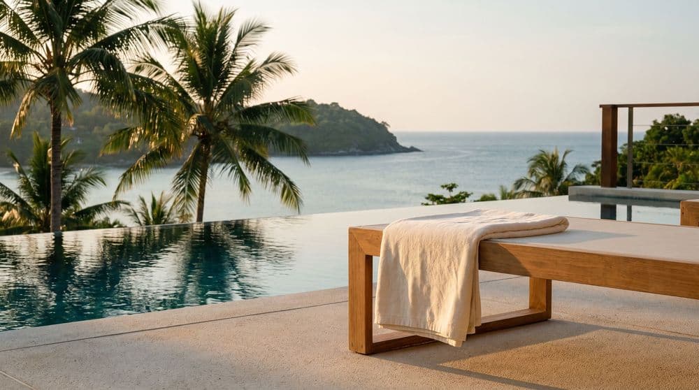 Infinity pool edge at golden hour overlooking a calm Koh Samui bay, a folded towel on a wooden bench, palms and a green headland beyond