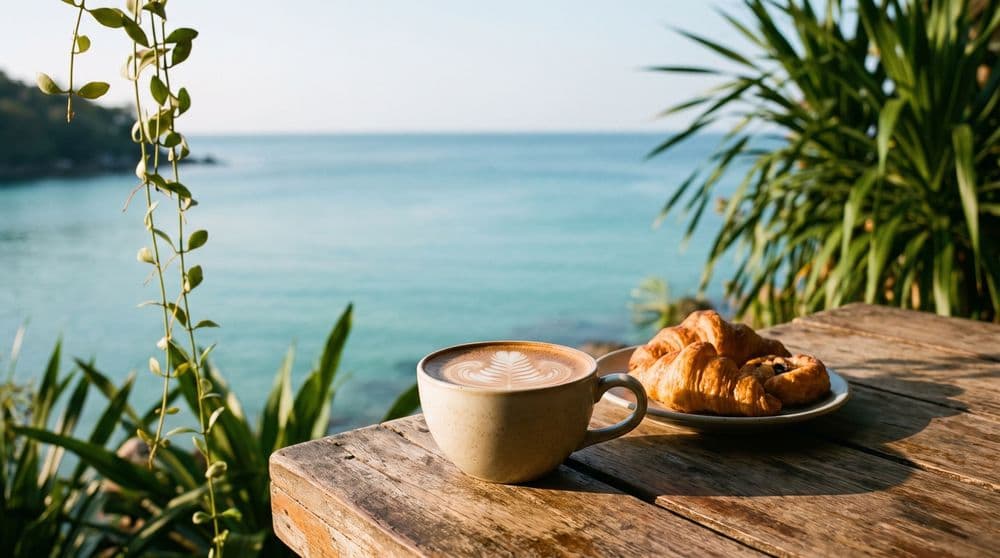 A cup of coffee with latte art and a plate of croissants on a rustic wooden table, tropical foliage framing a calm turquoise bay at golden hour