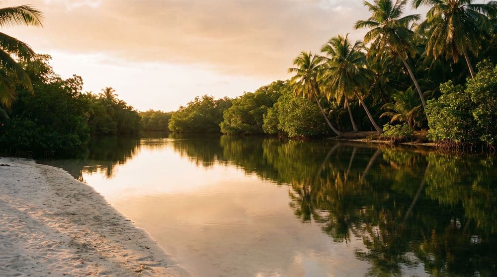A still, golden-hour mangrove lagoon on Koh Samui, calm reflective water edged by coconut palms