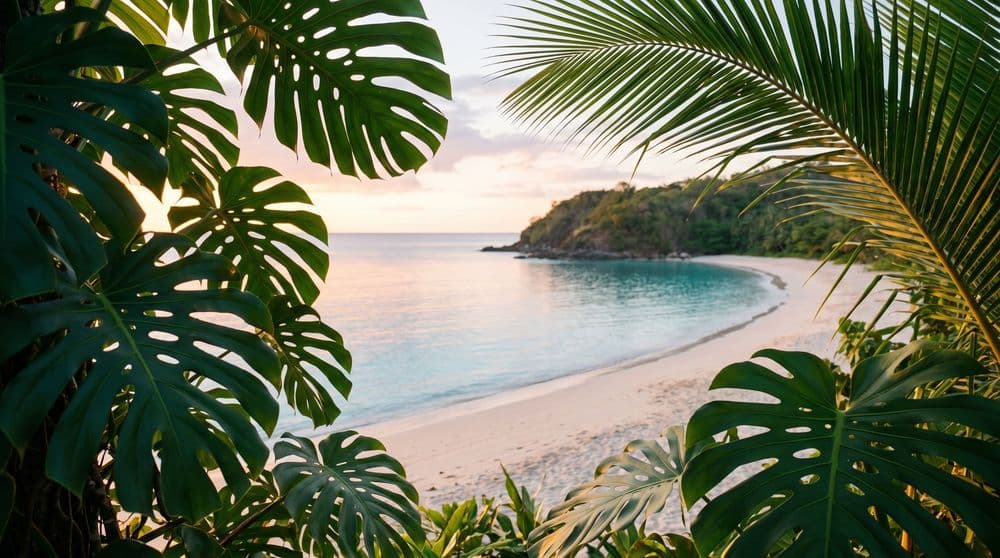 A quiet curve of pale sand and calm turquoise shallows framed through tropical leaves and palm fronds at golden hour, a green headland closing the far end of the bay