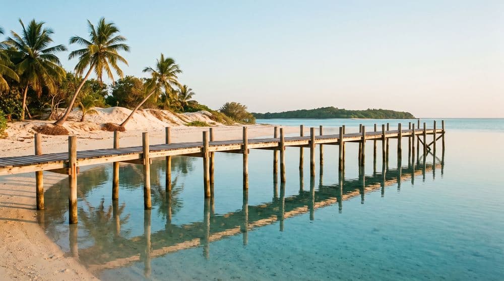 A weathered wooden jetty reaching out over flat, mirror-calm turquoise shallows on a quiet Koh Samui bay at golden hour, coconut palms along the pale sand behind it and a low green headland across the water