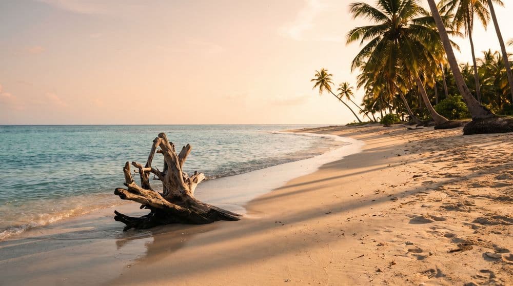 A weathered driftwood log on pale sand at the waters edge of a long curving tropical beach at golden hour, calm turquoise shallows and coconut palms down the shore