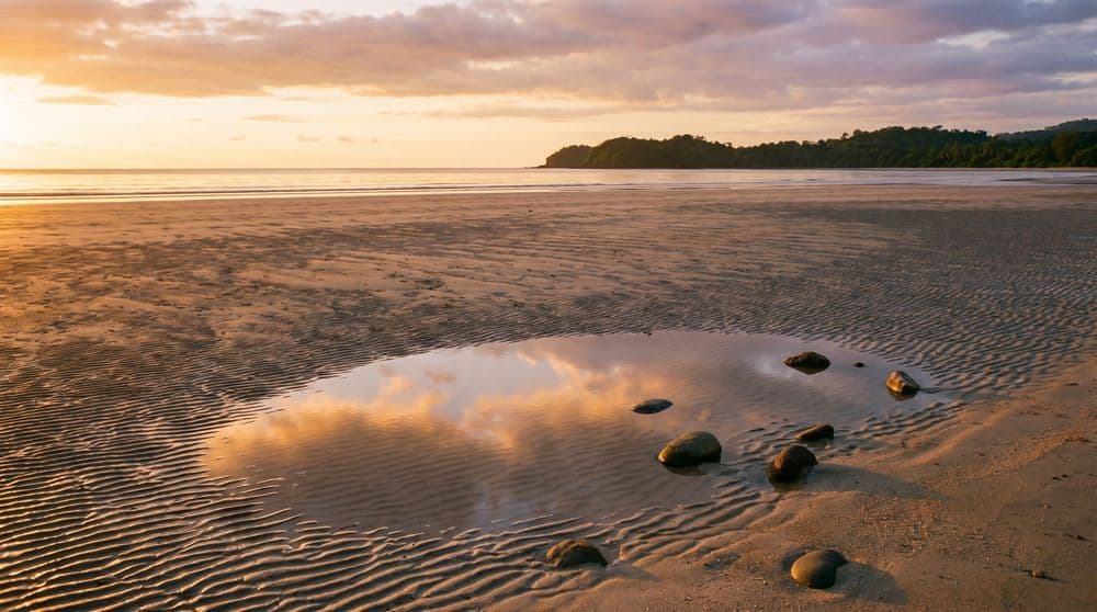 Low-tide flats on a quiet tropical shore at golden hour, a shallow tide pool reflecting the warm sky, rippled wet sand and a distant green headland