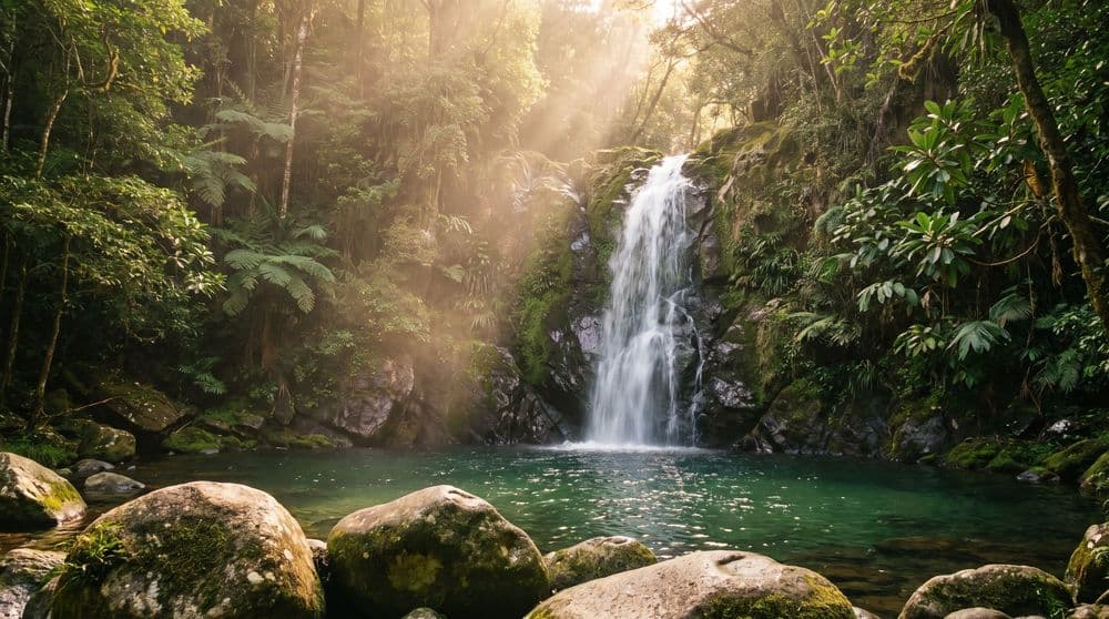 A jungle waterfall falling into a clear green plunge pool ringed by mossy boulders, warm golden-hour light breaking through the rainforest canopy