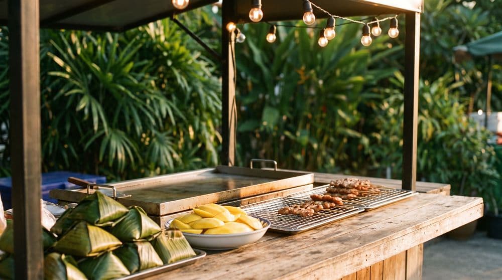 A wooden Thai night-market food stall at golden hour, string lights glowing above a steel griddle, skewers on a rack, banana-leaf parcels and a bowl of cut mango