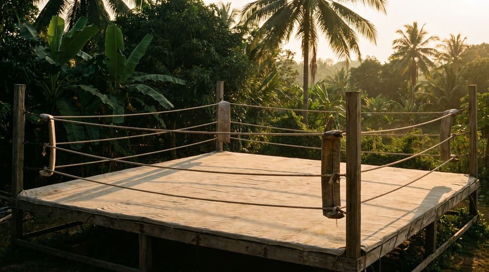 An empty open-air Muay Thai ring with weathered canvas and rope lines, ringed by banana leaves and coconut palms in warm low golden-hour light