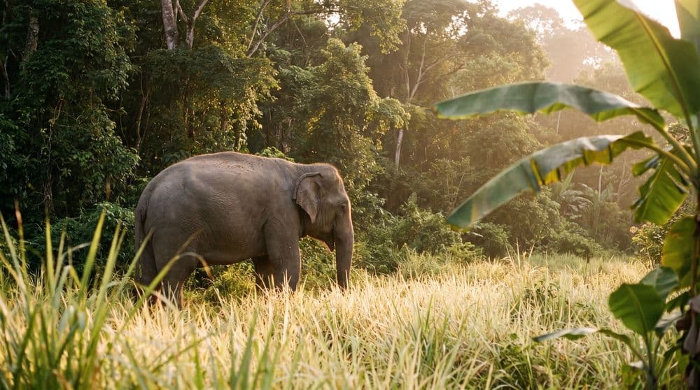 A single adult Asian elephant standing side-on in tall golden grass at the edge of dense tropical jungle in warm late-afternoon light on Koh Samui