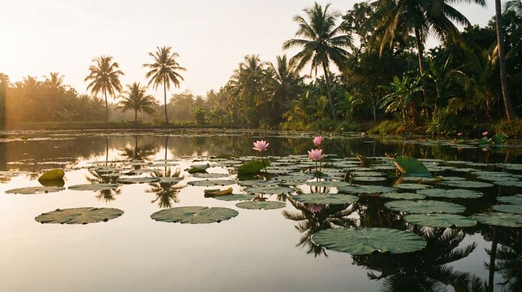 Still lotus pond at golden hour with pink lotus flowers, lily pads and coconut palms reflected in glassy water