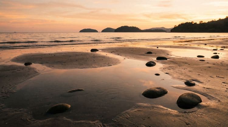 Low-tide pools mirroring a warm sunset sky on a flat quiet beach, smooth stones and distant islands on the horizon