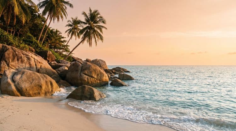 Weathered granite boulders and turquoise surf along a quiet Koh Samui coastline at golden hour