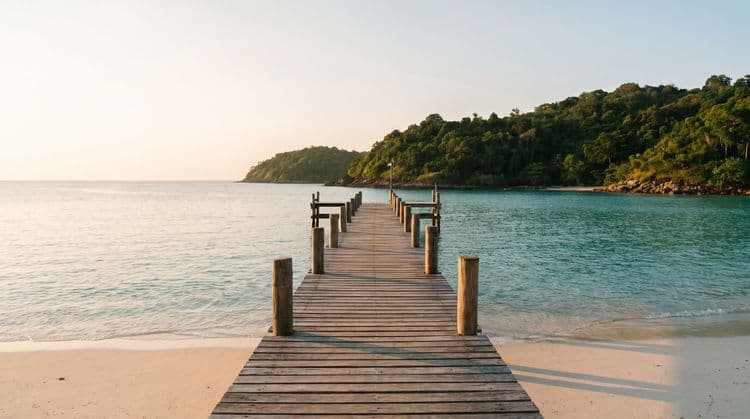 A wooden jetty reaching out over calm turquoise water toward a jungle-covered headland at golden hour