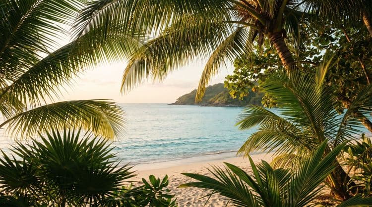 A quiet tropical beach framed through palm fronds at golden hour, calm turquoise water and a distant green headland