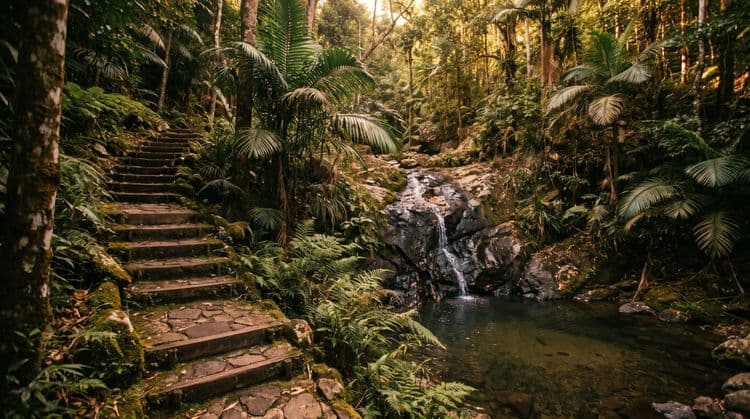 Stone steps descending through rainforest ferns and palms to a small golden-hour jungle waterfall and pool on Koh Samui