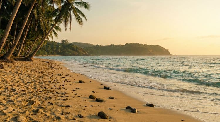 A quiet golden-hour beach cove on Koh Samui with scattered stones on the sand, gentle turquoise surf, coconut palms leaning over the shore, and a green headland across the bay