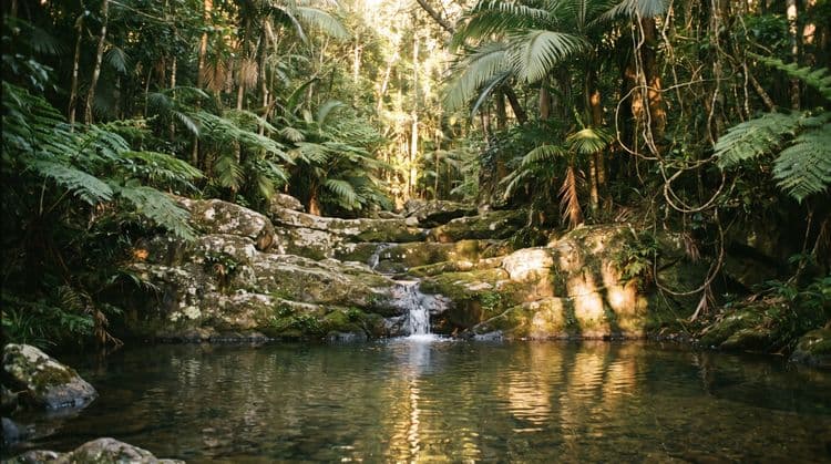 A still jungle rock pool fed by a small terraced waterfall in warm golden-hour light, Koh Samui