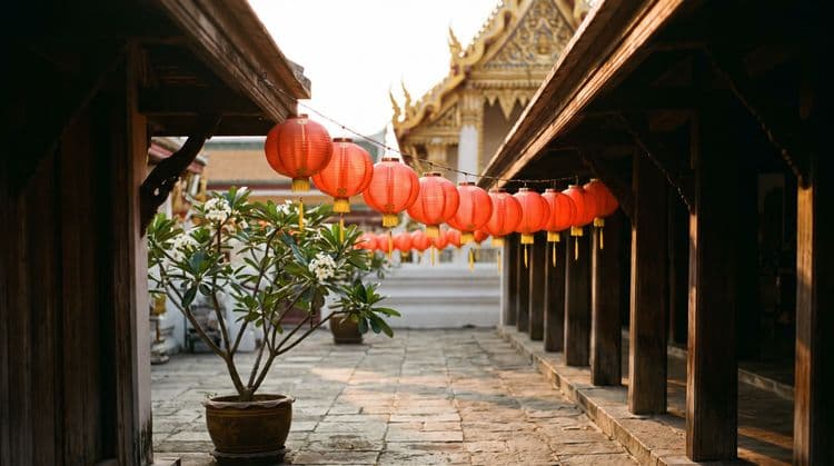 Red paper lanterns strung along a golden-hour temple courtyard walkway with a potted frangipani in the foreground