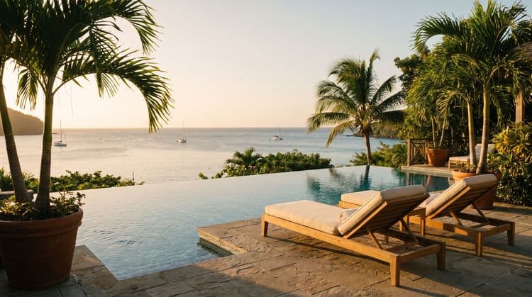 Golden-hour infinity pool terrace overlooking a calm Koh Samui bay
