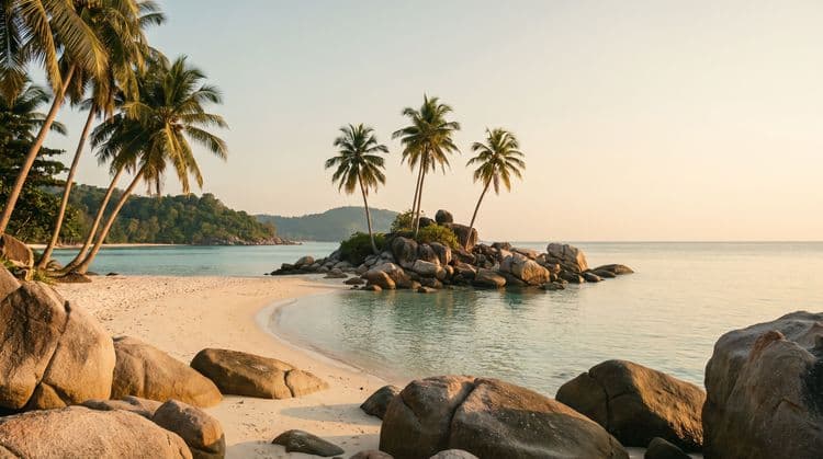 A small palm-topped rocky islet just offshore in a calm turquoise Koh Samui bay at golden hour, granite boulders and soft pale sand in the foreground