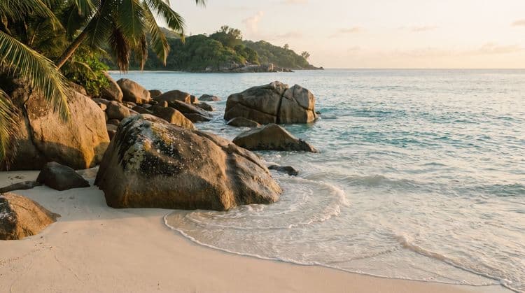 Golden-hour granite boulders and gentle turquoise surf on a quiet Koh Samui shore, palms leaning above and a distant green headland
