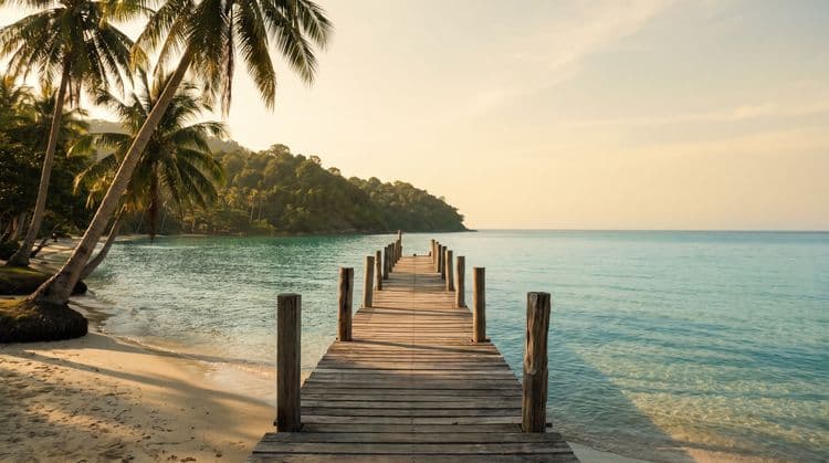 A weathered wooden jetty leading out over calm turquoise water toward a green headland at golden hour on Koh Samui