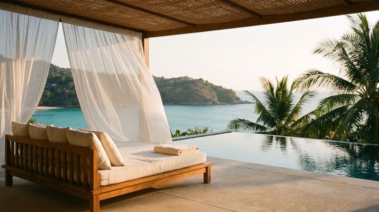 A shaded villa terrace daybed with soft cushions and a folded towel at golden hour, an infinity-pool edge and a calm turquoise Koh Samui bay beyond