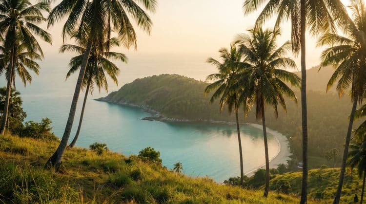 An elevated hillside viewpoint at golden hour looking down over a calm turquoise bay curving around a green headland, coconut palms framing the drop