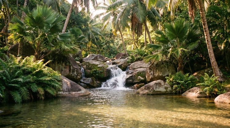 A small jungle cascade tumbling over mossy granite boulders into a clear pool, framed by ferns and coconut palms in warm afternoon light on Koh Samui