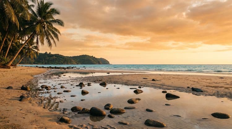 Low-tide wet sand and shallow tide pools reflecting a warm golden-hour sky on a quiet Koh Samui beach