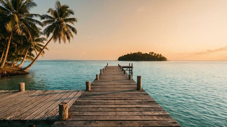 A weathered wooden jetty leading out over calm turquoise water toward a small green island at golden hour, coconut palms leaning in from the shore