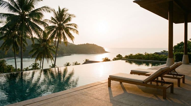 Golden-hour infinity pool terrace overlooking a calm Koh Samui bay
