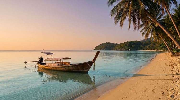A wooden longtail boat moored in calm golden-hour shallows off a quiet stretch of Koh Samui beach, coconut palms leaning in from the shore
