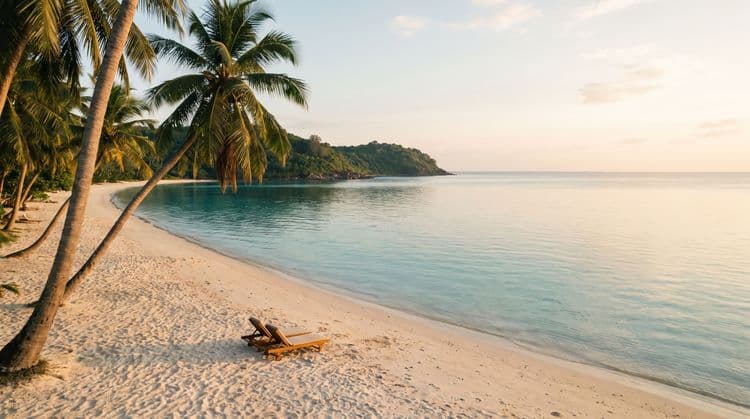 Quiet golden-hour bay on Maenam Beach, Koh Samui, with two empty wooden loungers on wide pale sand and calm turquoise water