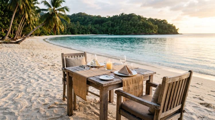 A beachfront dining table for two set on soft sand at the edge of a calm bay, golden hour, Koh Samui