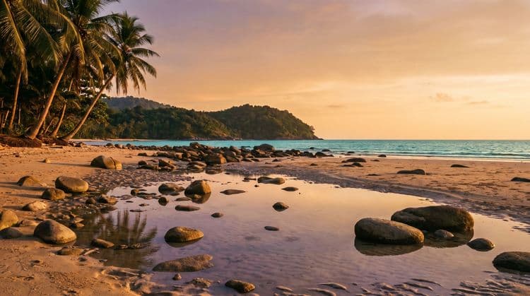 Golden-hour tide pools and scattered rocks on a quiet Koh Samui beach at low tide, palms leaning in, calm turquoise sea and a green headland beyond