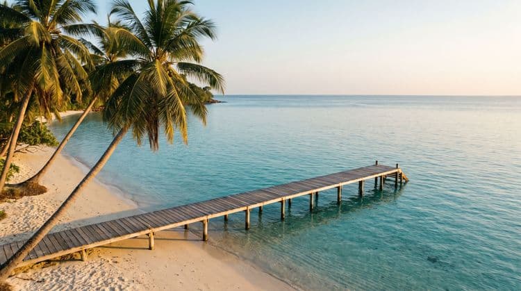 A wooden jetty leading out over calm turquoise water at golden hour, coconut palms leaning in from the shore, Koh Samui